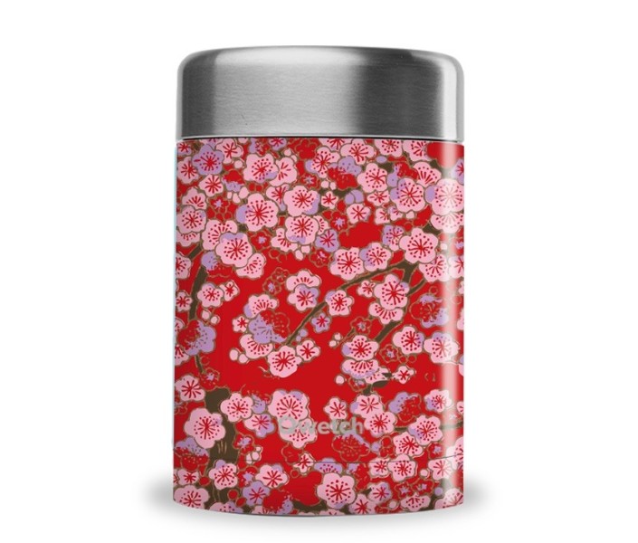 Boîte repas isotherme double paroi en Inox Qwetch 850 ml Fleurs Rouge +  Compartiment OFFERT